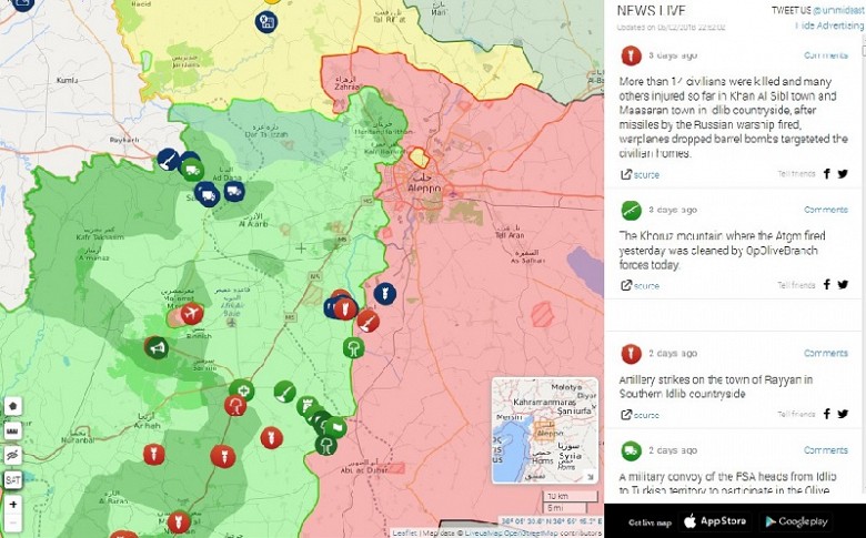 Тактическая обстановка на линии фронта между Сирийской Арабской Армией и «Тахрир аш-Шам» (в районе провинций Идлиб и западной части Алеппо) на 5 февраля. Синие тактические значки с изображением грузового транспорта отображают продвижение турецкого военного конвоя через подконтрольную «ан-Нусре» территорию. Как видите, «эрдогановские орлы» очень хорошо ладят с теми, из-за ко-го погиб наш лётчик-штурмовик Роман Филипов