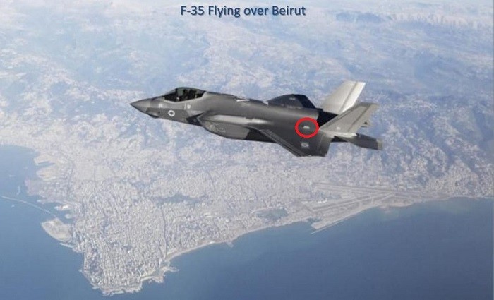 Полёт многофункционального истребителя 5-го поколения F-35I «Adir» близ Бейрута; красным кругом отмечена линза Люнеберга