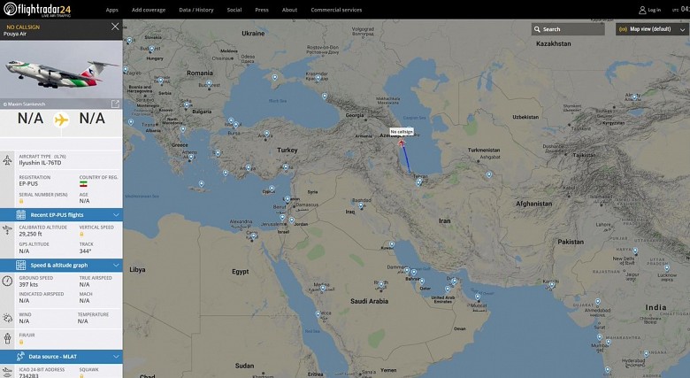 Авиарейс иранского Ил-76ТД «Тегеран-Москва» (по данным «Flightradar24»)