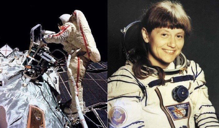На фотографии космонавт СССР Светлана Савицкая и ее выход в открытый космос